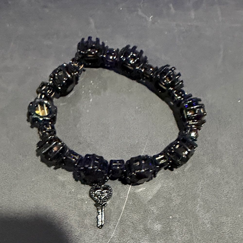 Black Beaded Stretch Bracelet with Key Charm